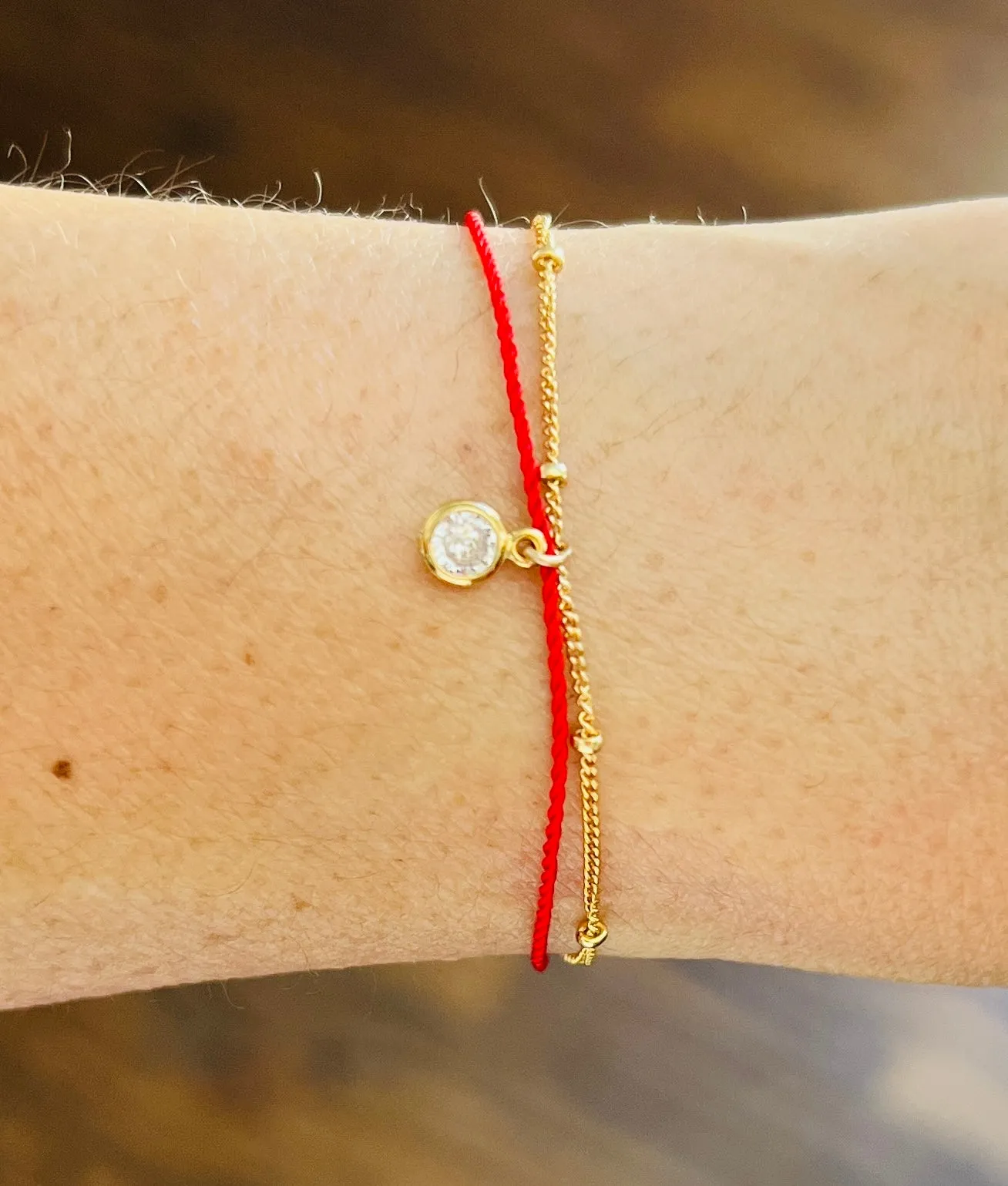 Red String and Satellite Chain with Crystal Layering Bracelet