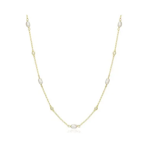 Reign Sterling Silver Gold Plated CZ and Pearl Station Necklace
