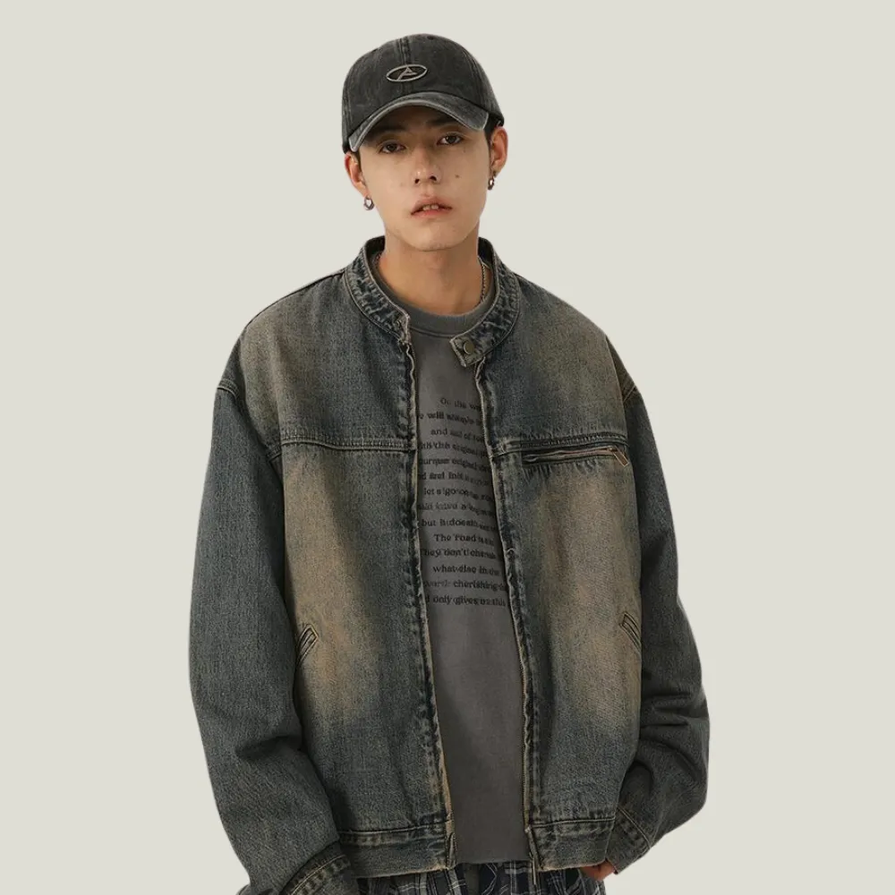 Retro Stand Collar Washed Denim Jacket