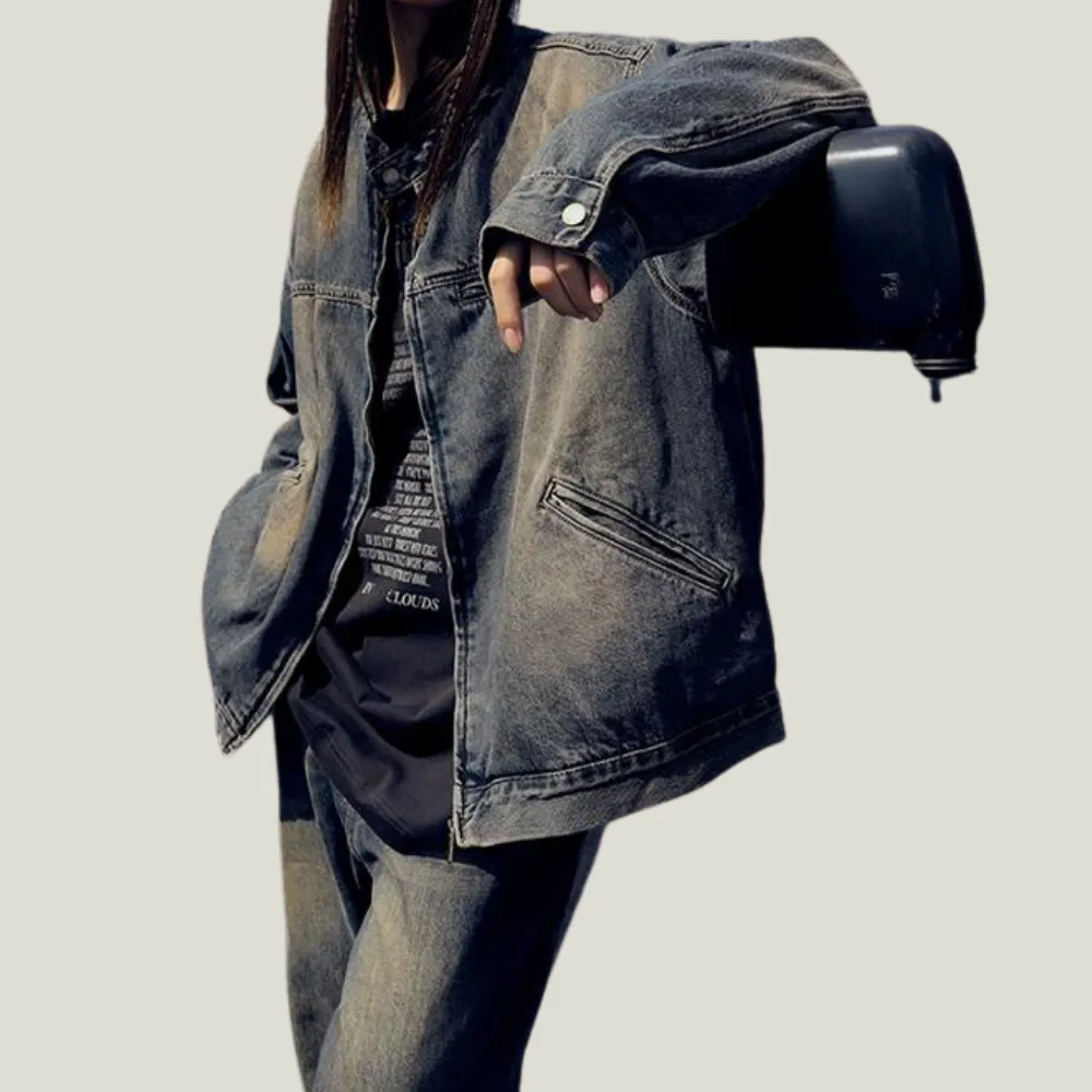 Retro Stand Collar Washed Denim Jacket