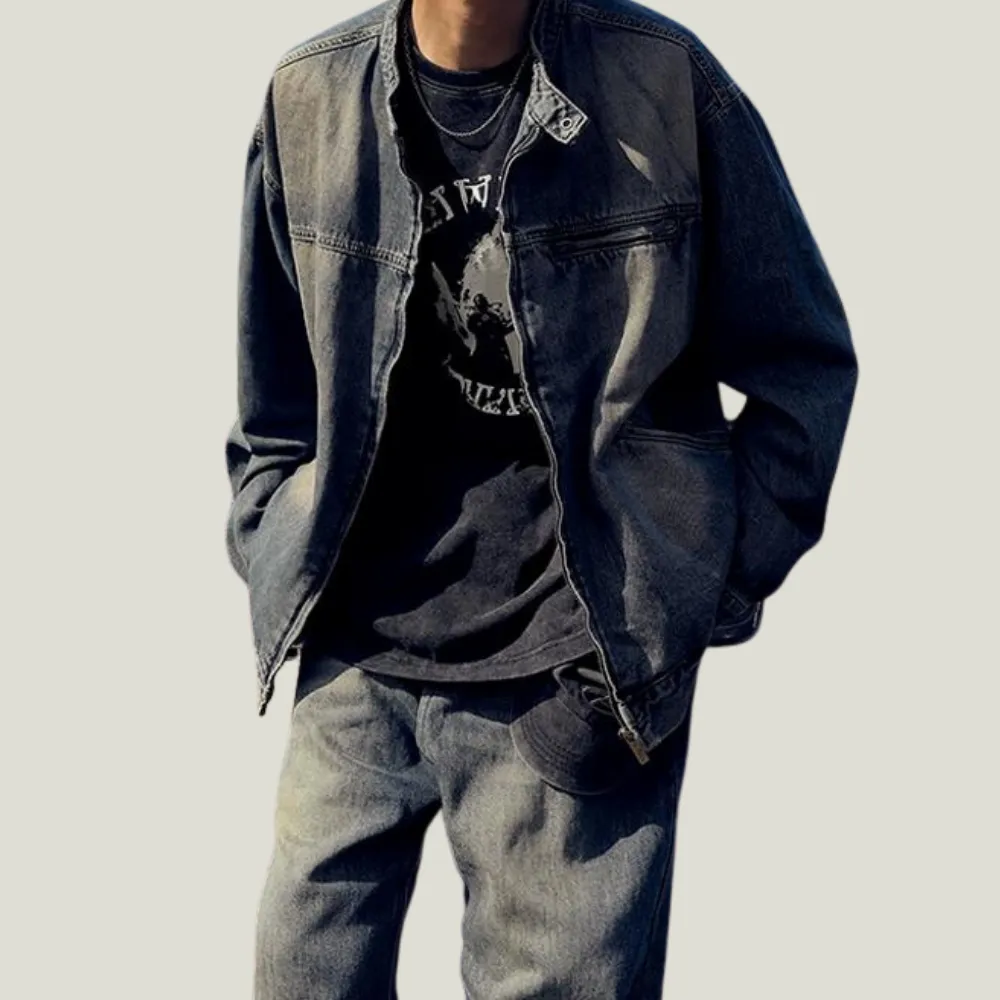 Retro Stand Collar Washed Denim Jacket