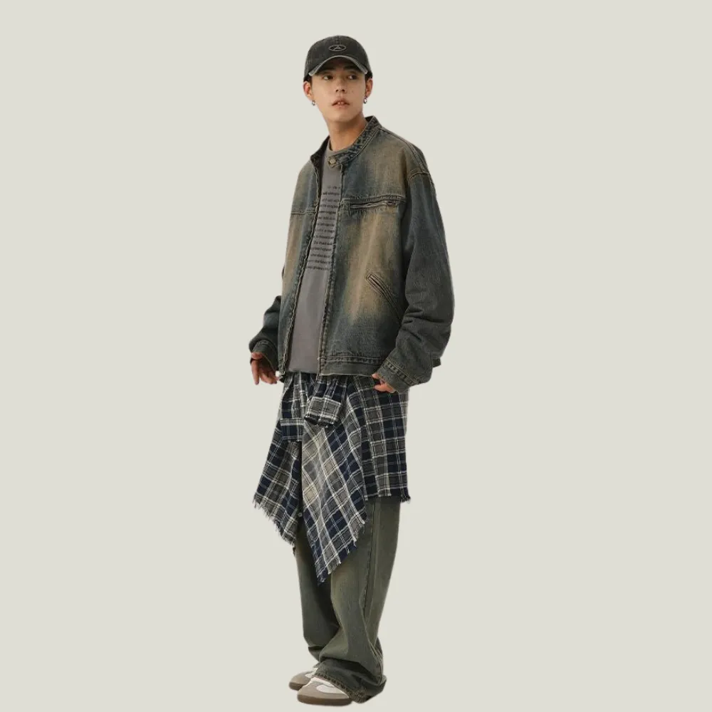 Retro Stand Collar Washed Denim Jacket