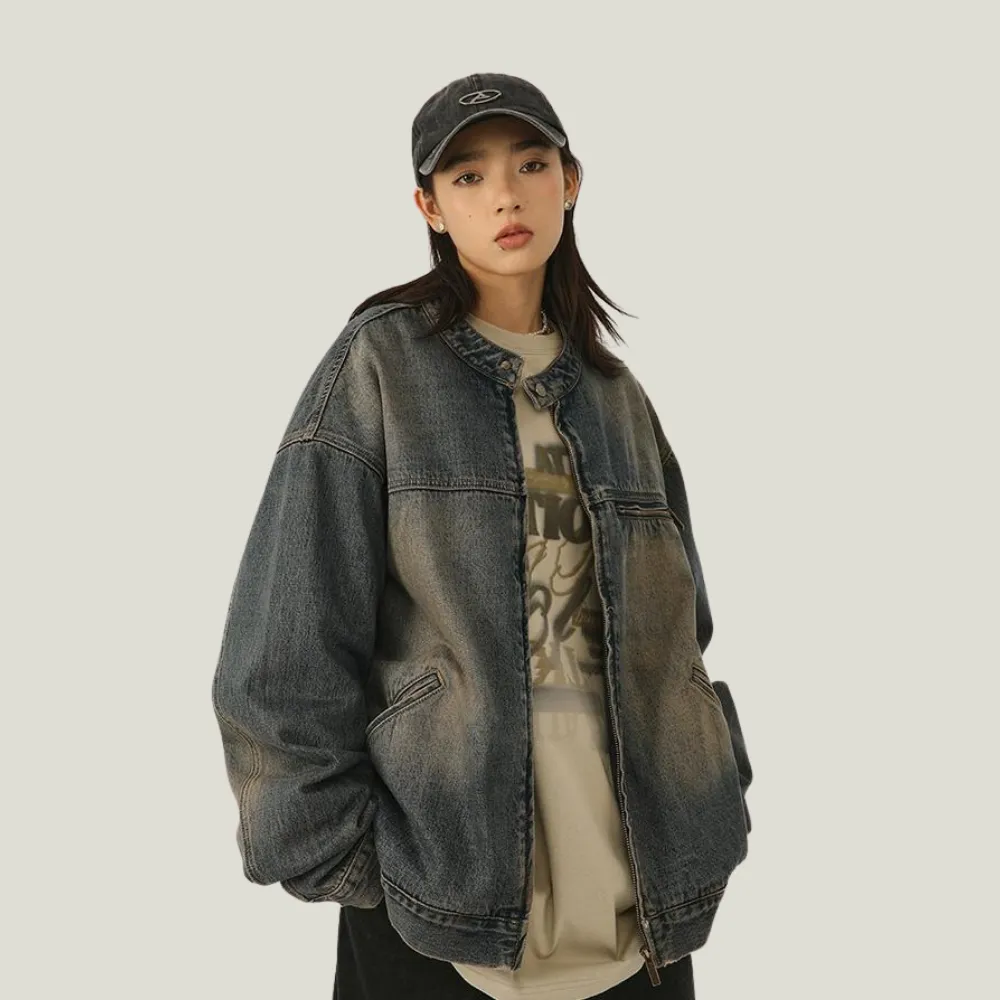 Retro Stand Collar Washed Denim Jacket