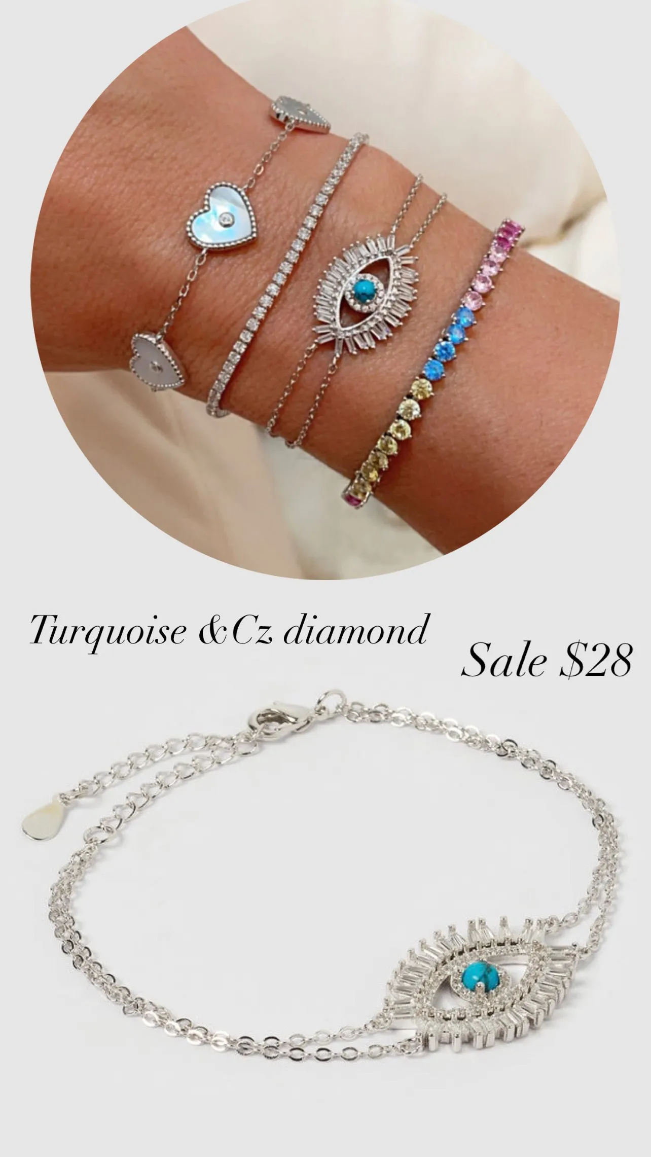 Rhodium Plated Cz Diamond Turquoise Eye Bracelet