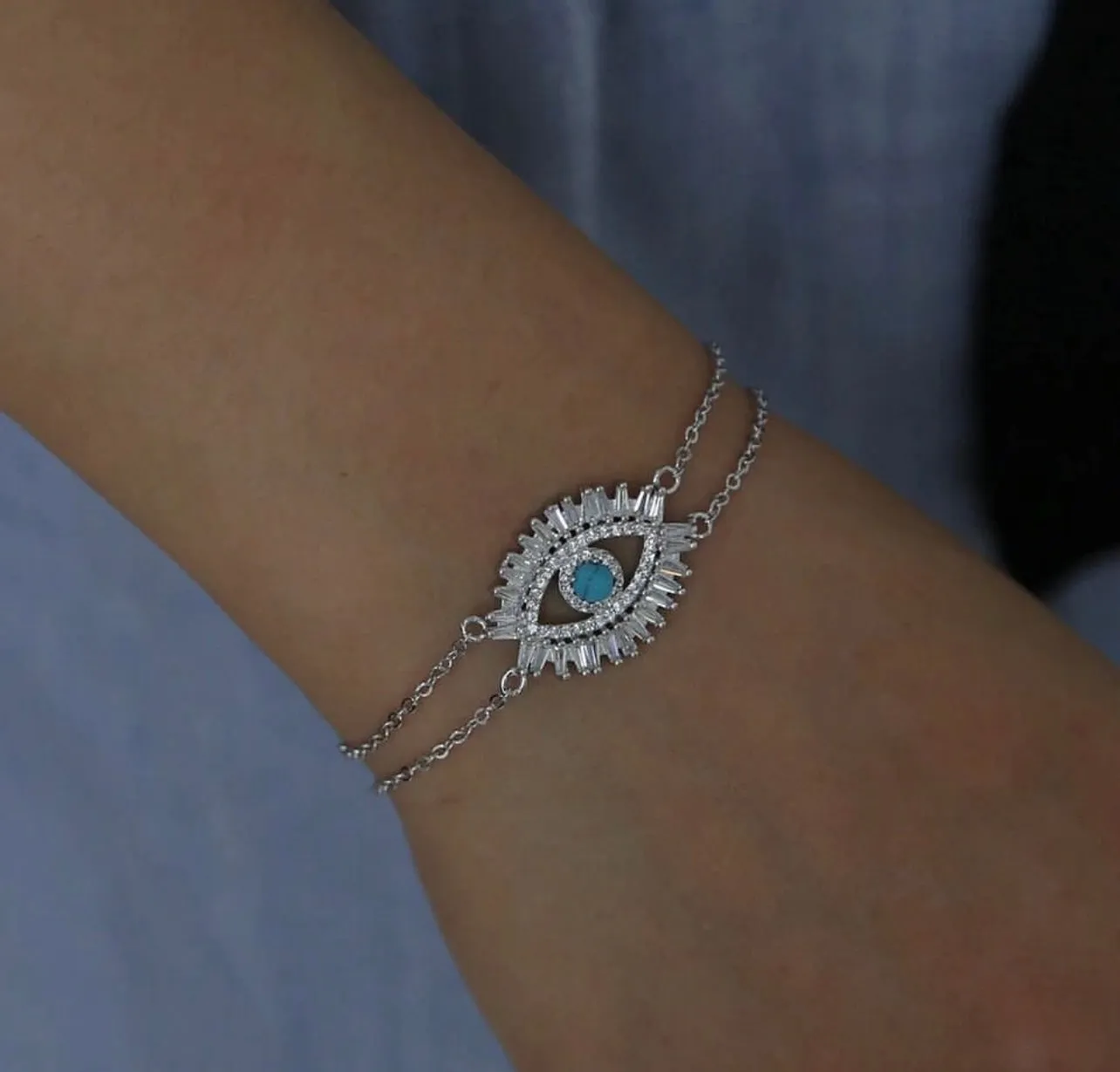 Rhodium Plated Cz Diamond Turquoise Eye Bracelet