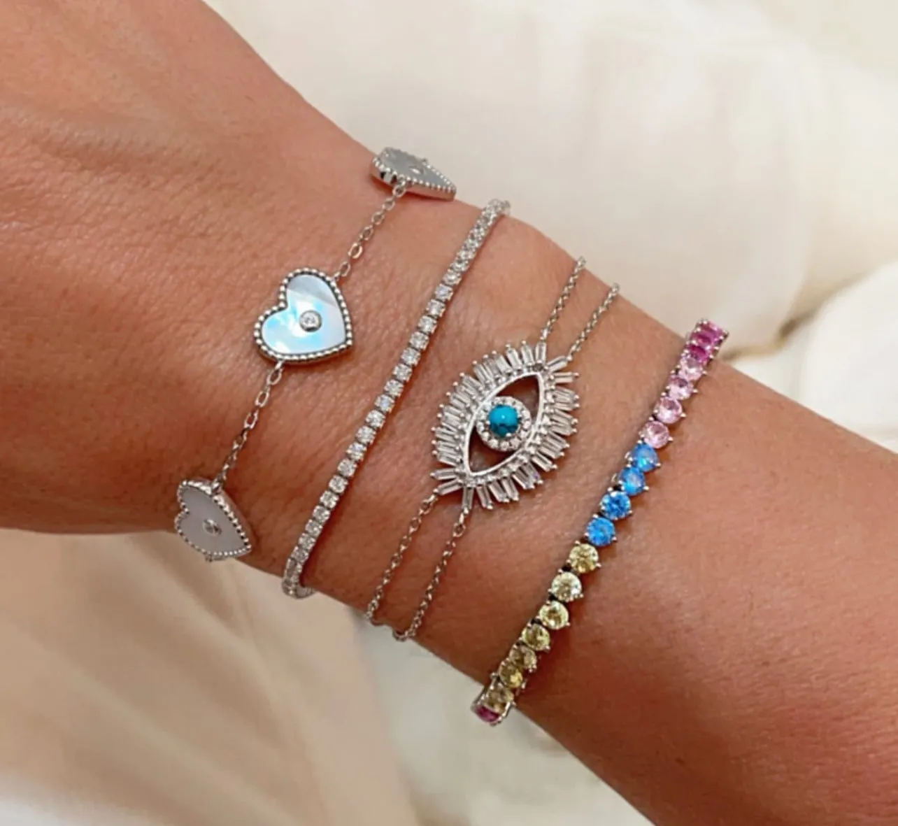 Rhodium Plated Cz Diamond Turquoise Eye Bracelet