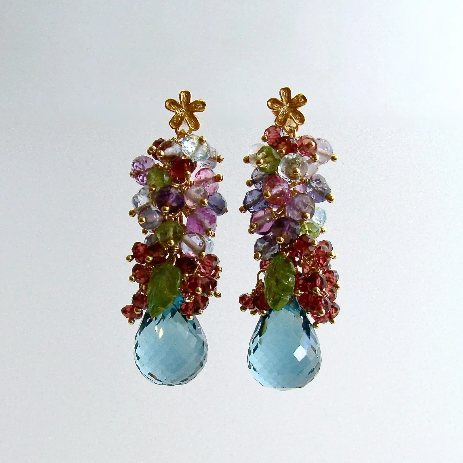 Rhodonite Garnets, Blue Topaz, Pink Topaz, Amethyst, Peridot and Iolite Cluster Earrings - Fleur Earrings