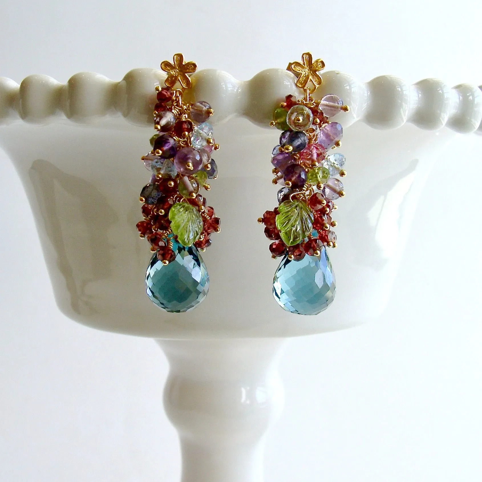 Rhodonite Garnets, Blue Topaz, Pink Topaz, Amethyst, Peridot and Iolite Cluster Earrings - Fleur Earrings