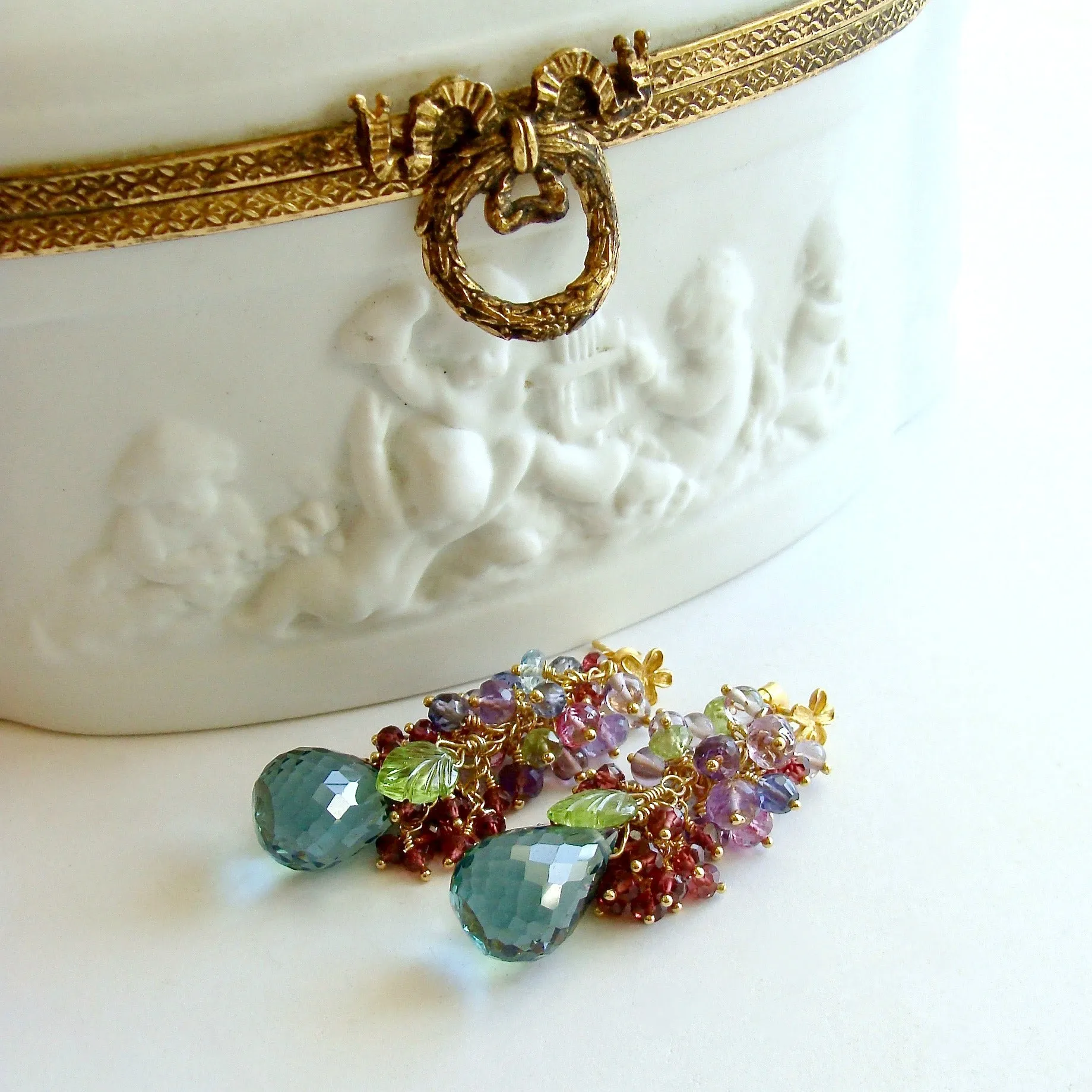 Rhodonite Garnets, Blue Topaz, Pink Topaz, Amethyst, Peridot and Iolite Cluster Earrings - Fleur Earrings