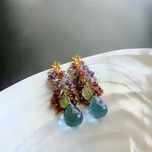 Rhodonite Garnets, Blue Topaz, Pink Topaz, Amethyst, Peridot and Iolite Cluster Earrings - Fleur Earrings