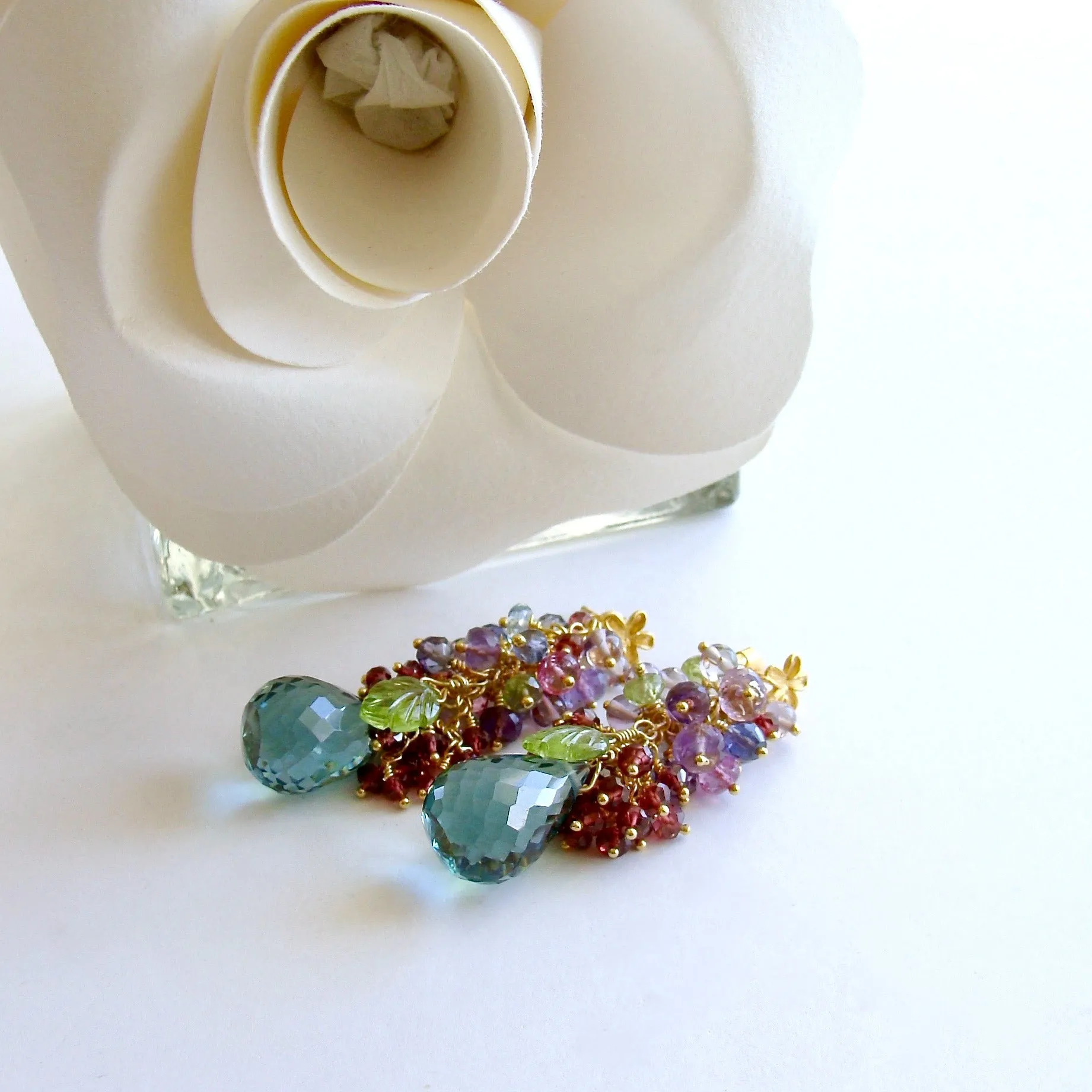 Rhodonite Garnets, Blue Topaz, Pink Topaz, Amethyst, Peridot and Iolite Cluster Earrings - Fleur Earrings