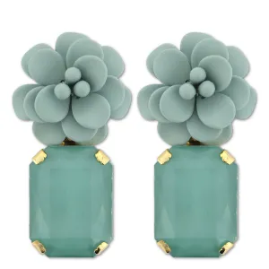 Roman Mint Hibiscus Earrings - Emerald Cut Hand Painted Resin Pendant