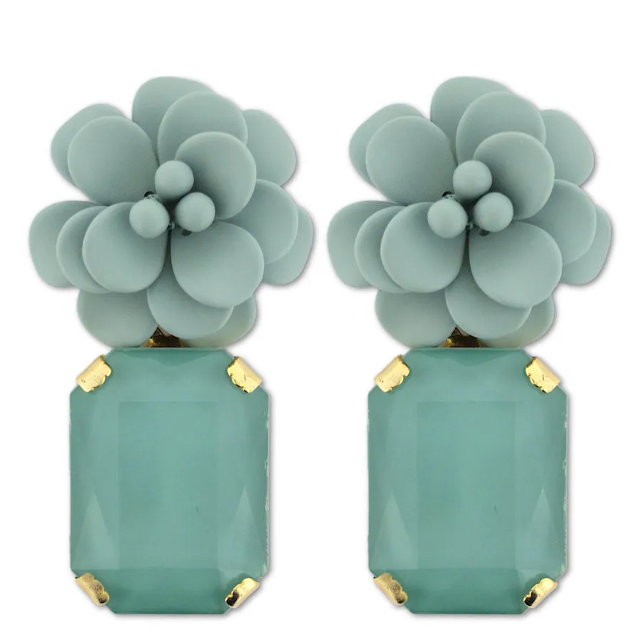 Roman Mint Hibiscus Earrings - Emerald Cut Hand Painted Resin Pendant