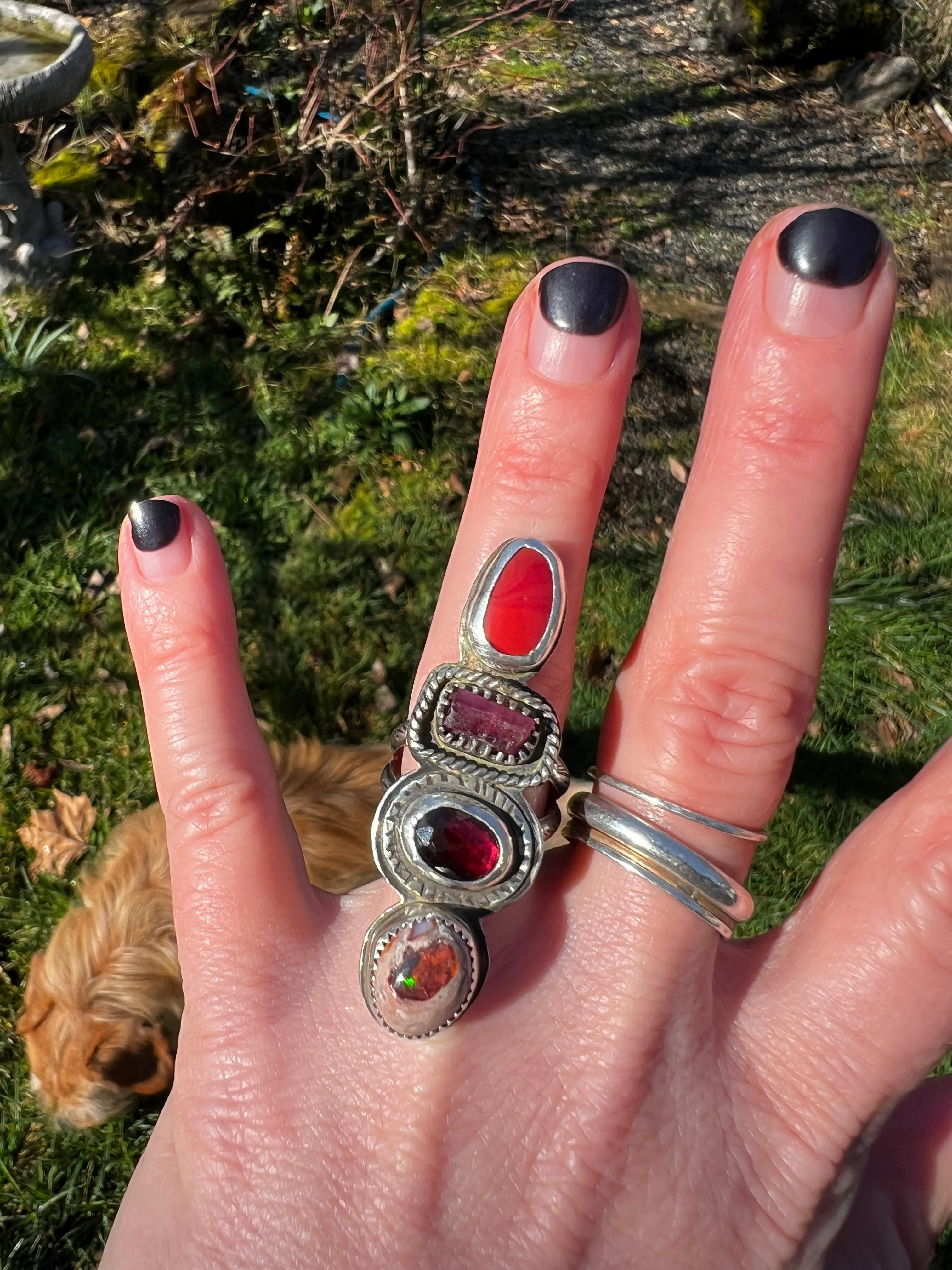 Rosarita, Watermelon Tourmaline, Garnet and Fire Opal Quadruple Ring size 6.75