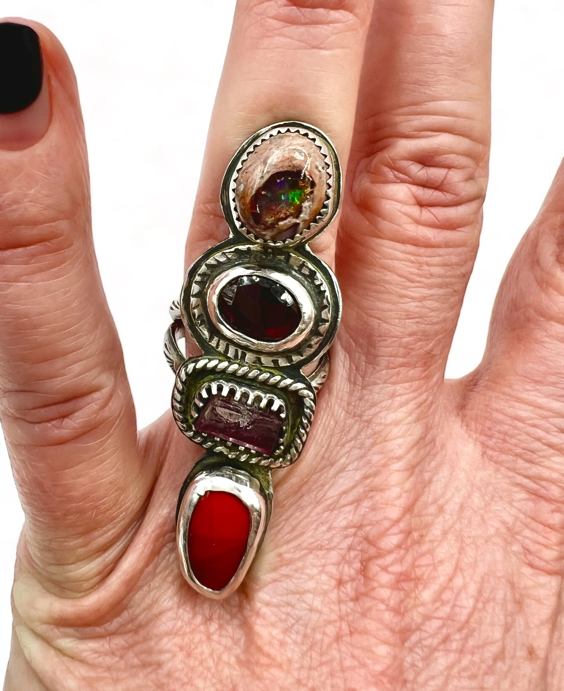 Rosarita, Watermelon Tourmaline, Garnet and Fire Opal Quadruple Ring size 6.75