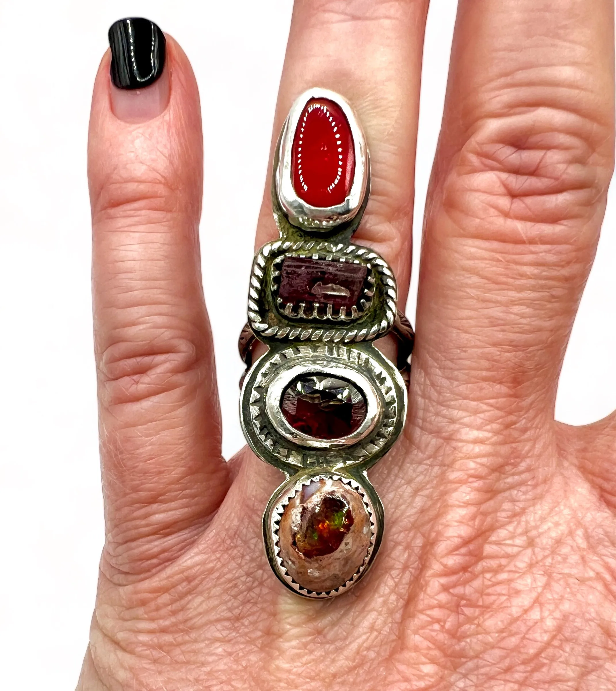 Rosarita, Watermelon Tourmaline, Garnet and Fire Opal Quadruple Ring size 6.75