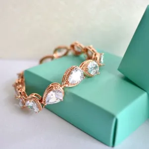 Rose Gold Bridal Bracelet, Teardrop CZ Crystal Wedding Bracelet, Cubic Zirconia Tennis Bracelet, Bridesmaid Bracelet, Blush Wedding