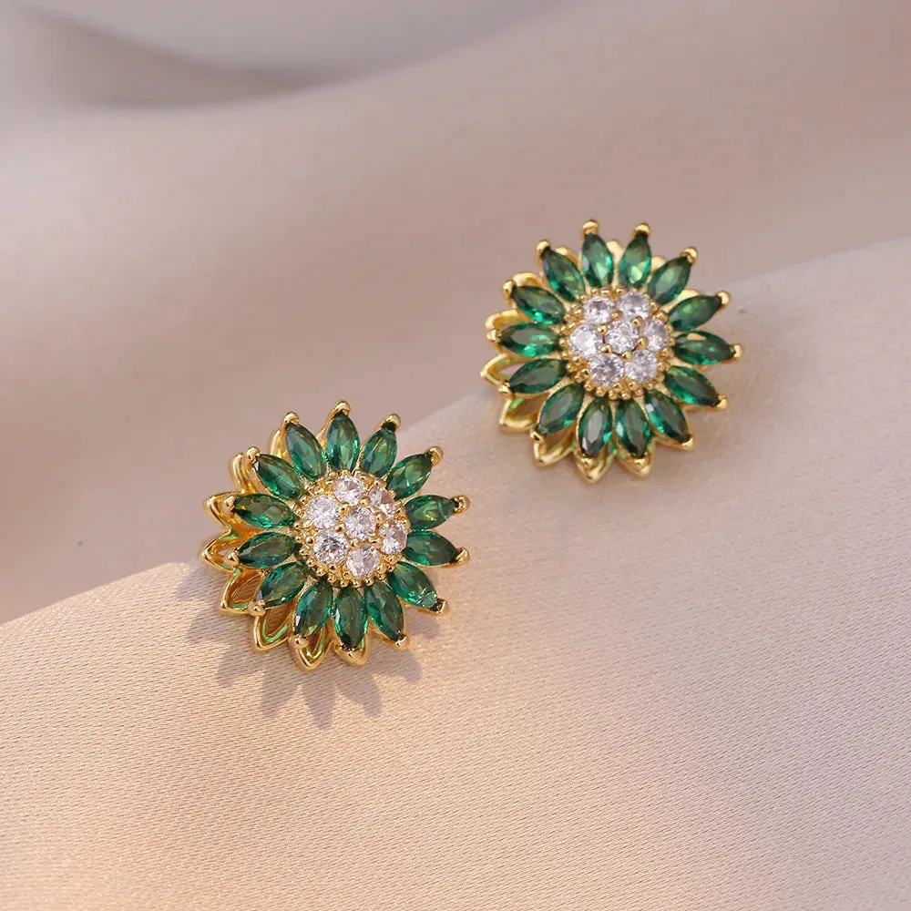 Rotating Green Stone Sunflower Jewelry Set