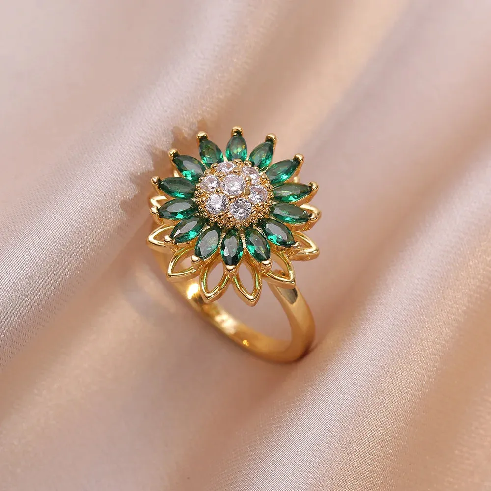 Rotating Green Stone Sunflower Jewelry Set