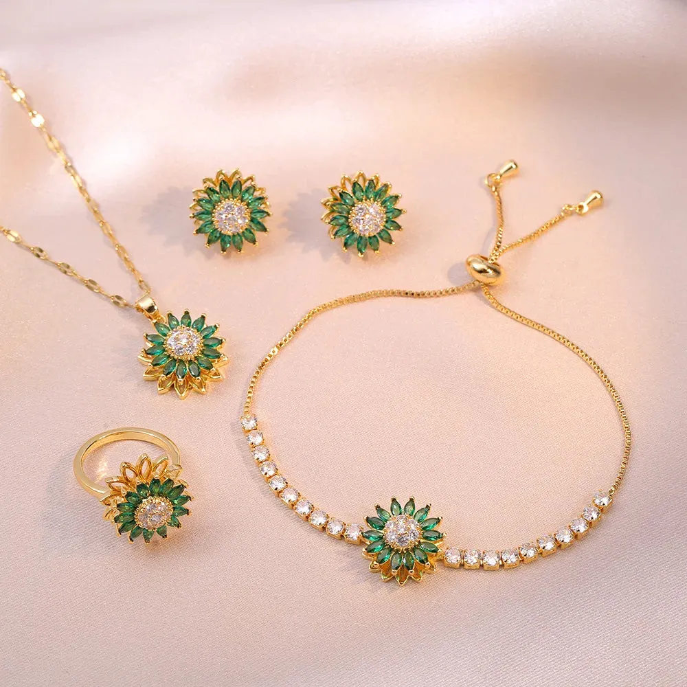 Rotating Green Stone Sunflower Jewelry Set