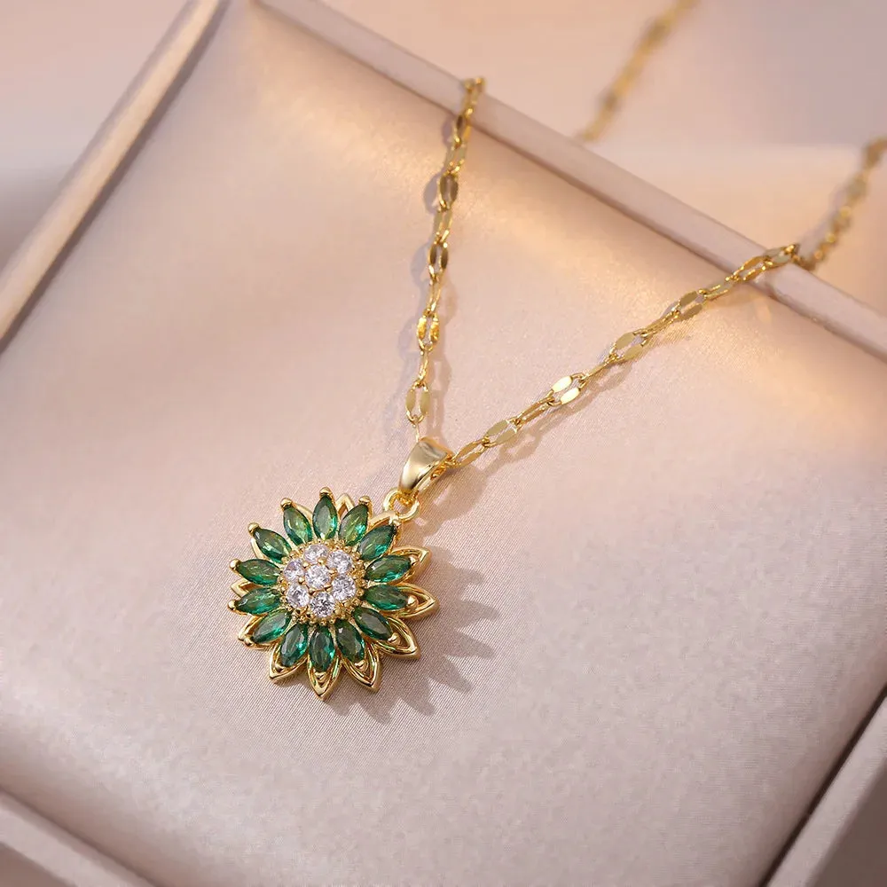 Rotating Green Stone Sunflower Jewelry Set
