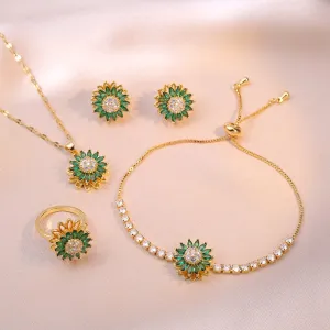 Rotating Green Stone Sunflower Jewelry Set