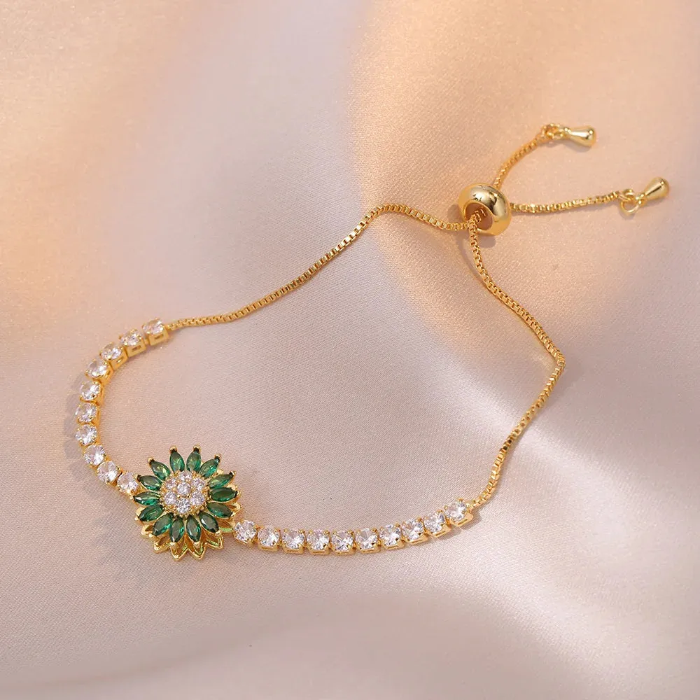 Rotating Green Stone Sunflower Jewelry Set