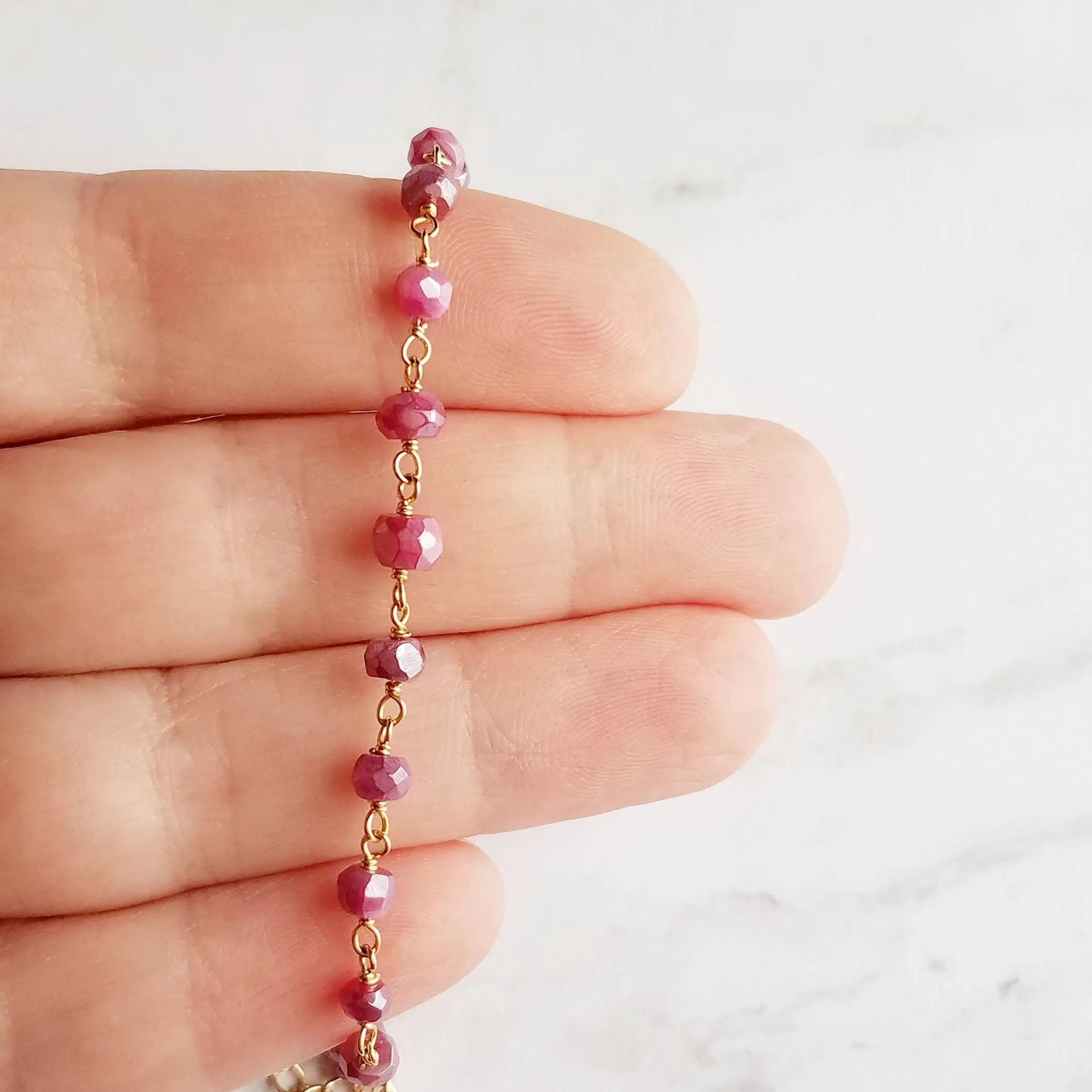 Ruby Moonstone Bracelet, dainty purple bracelet, pink purple moonstone bracelet, delicate bracelet, thin stone bracelet, black chain rosary