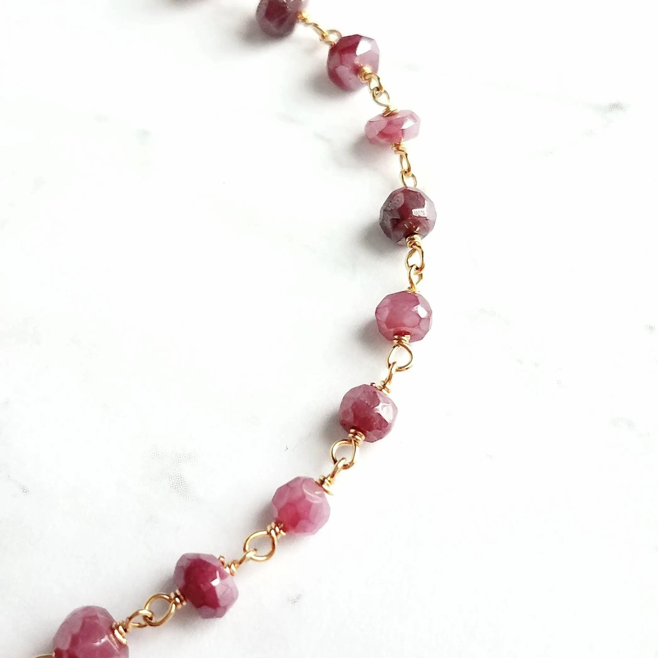 Ruby Moonstone Bracelet, dainty purple bracelet, pink purple moonstone bracelet, delicate bracelet, thin stone bracelet, black chain rosary