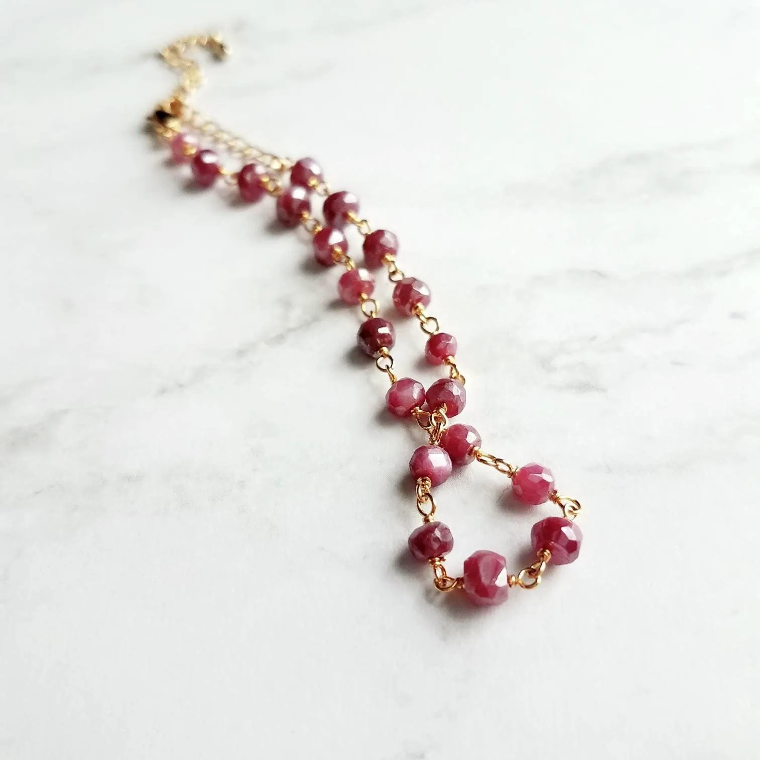 Ruby Moonstone Bracelet, dainty purple bracelet, pink purple moonstone bracelet, delicate bracelet, thin stone bracelet, black chain rosary