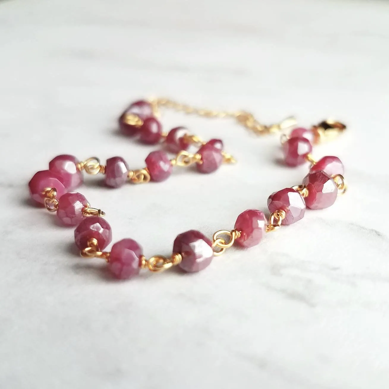 Ruby Moonstone Bracelet, dainty purple bracelet, pink purple moonstone bracelet, delicate bracelet, thin stone bracelet, black chain rosary