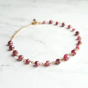 Ruby Moonstone Bracelet, dainty purple bracelet, pink purple moonstone bracelet, delicate bracelet, thin stone bracelet, black chain rosary