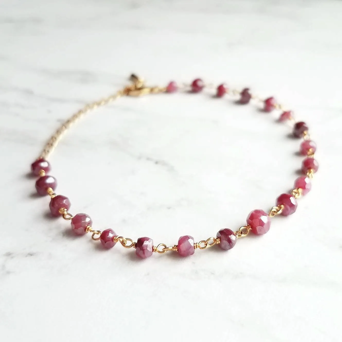 Ruby Moonstone Bracelet, dainty purple bracelet, pink purple moonstone bracelet, delicate bracelet, thin stone bracelet, black chain rosary