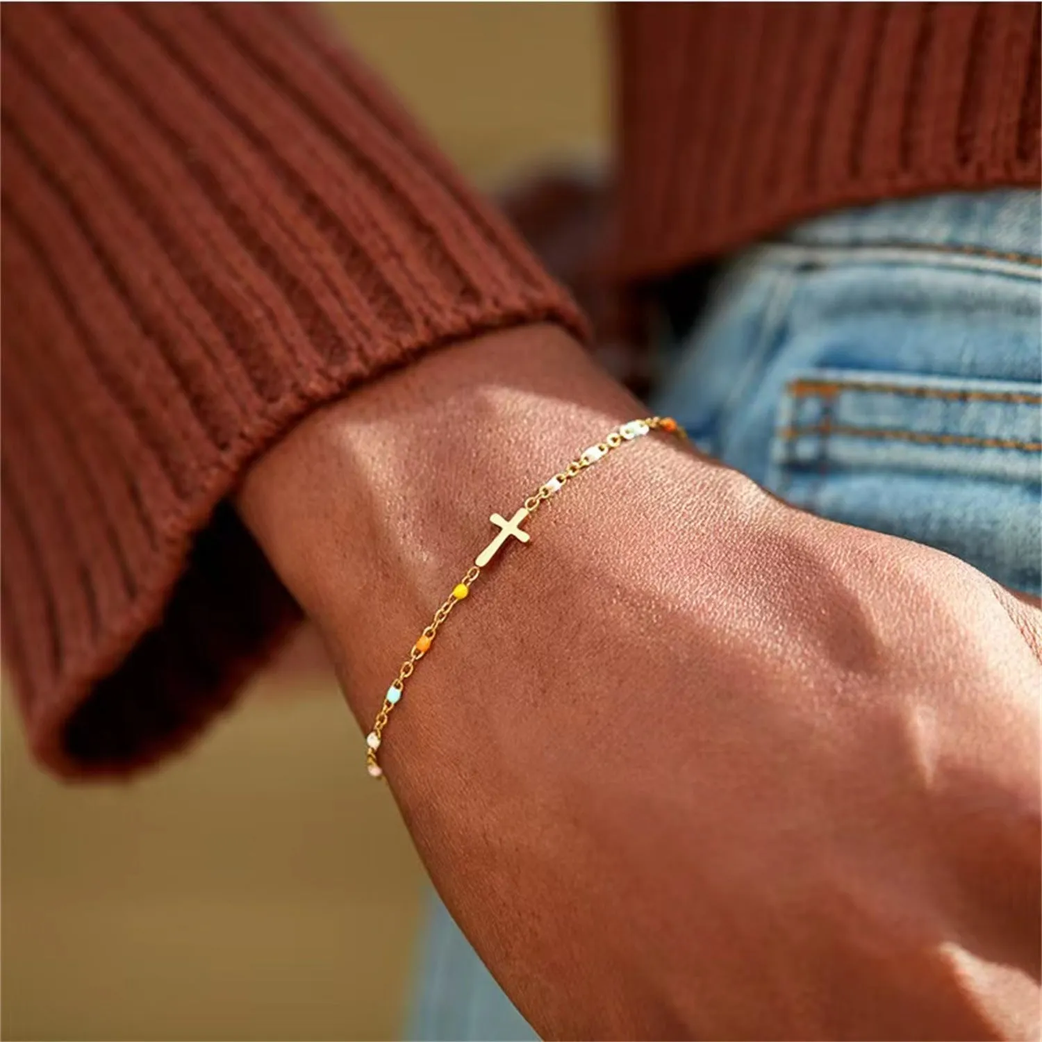 S925 Cross Rainbow Dot Bracelet