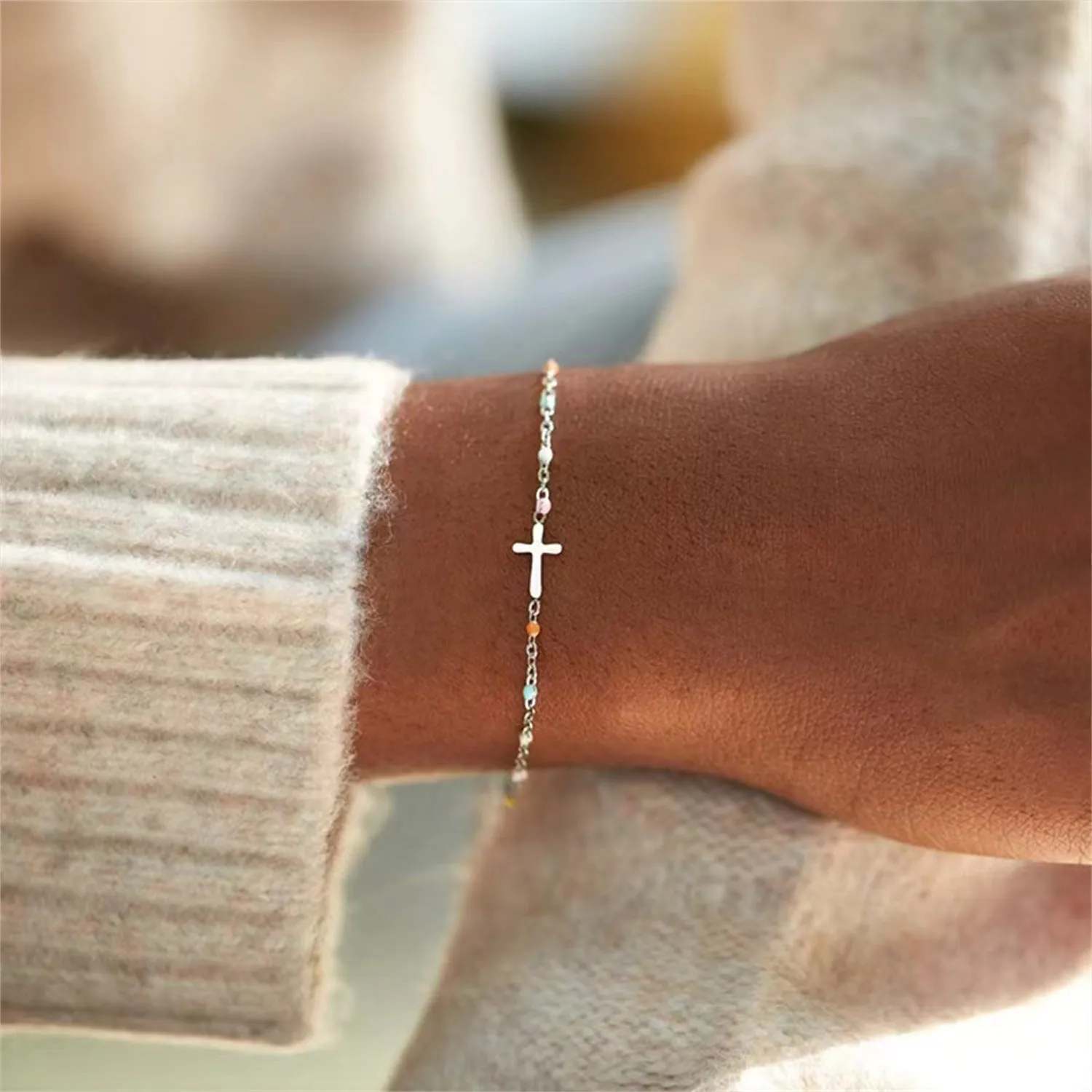 S925 Cross Rainbow Dot Bracelet
