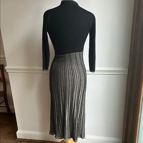 Saks Fifth Avenue Pleated Pencil Midi Dress Black Gold Metallic XS NWT