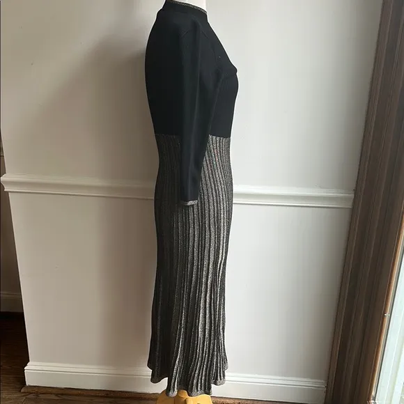 Saks Fifth Avenue Pleated Pencil Midi Dress Black Gold Metallic XS NWT