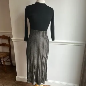 Saks Fifth Avenue Pleated Pencil Midi Dress Black Gold Metallic XS NWT