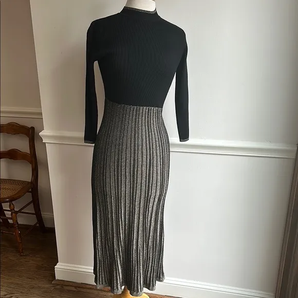 Saks Fifth Avenue Pleated Pencil Midi Dress Black Gold Metallic XS NWT