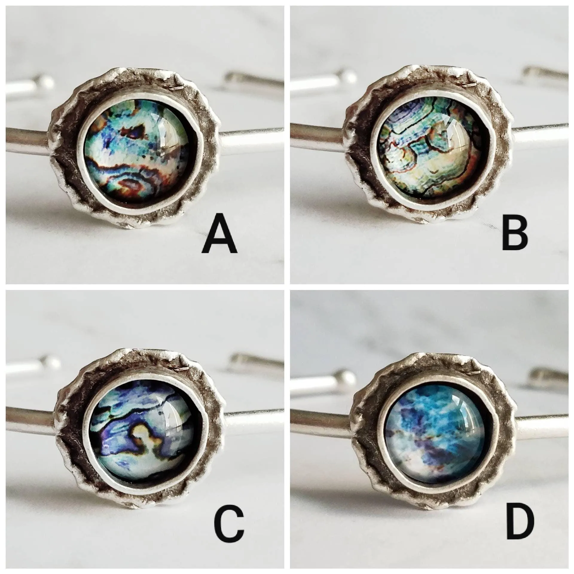 Silver Cuff Bracelet - oval open bangle w/ antiqued oxidized finish - thick simple wire w/ glass swirl ocean waves art in round deep bezel