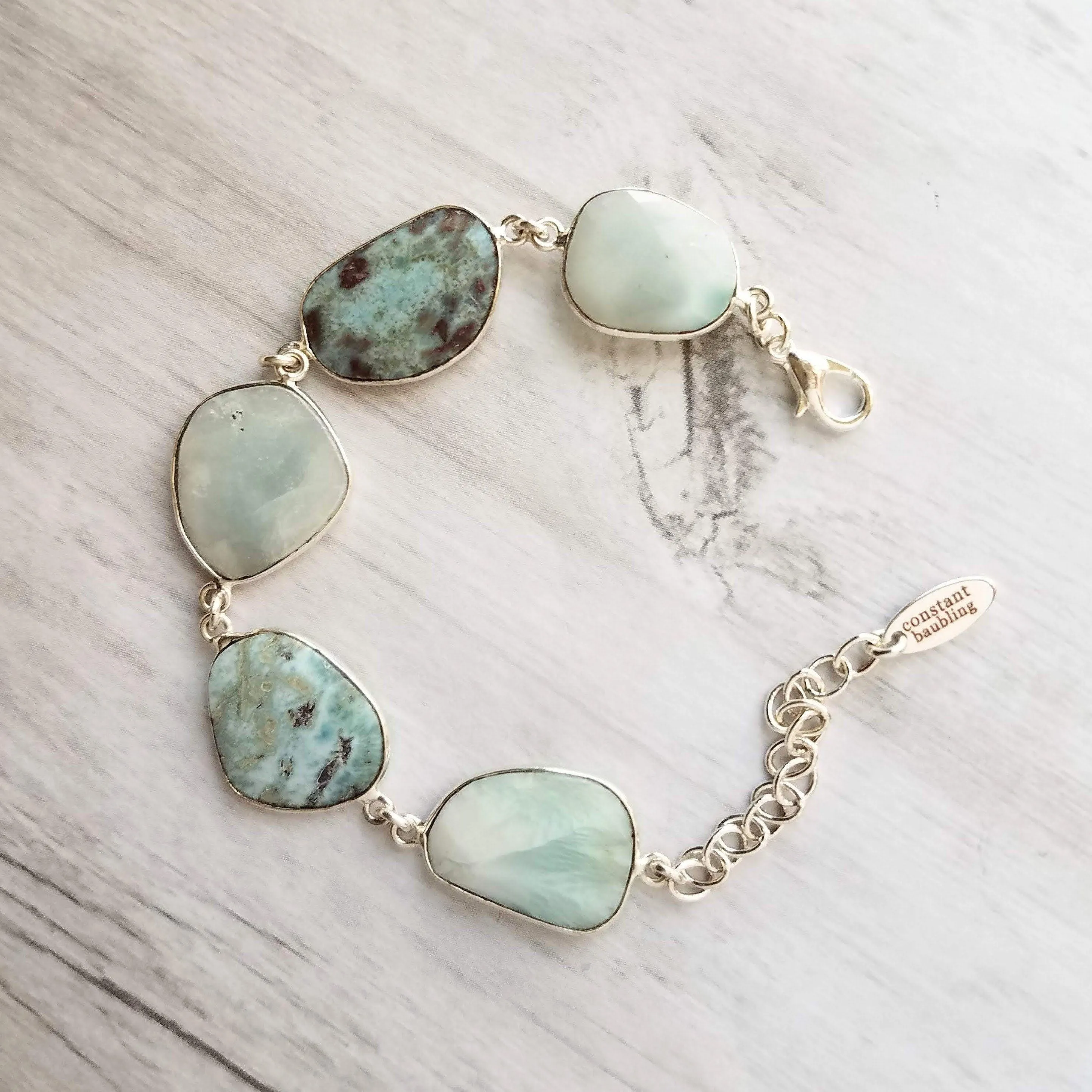 Silver Larimar Stone Bracelet, pale blue gemstone, mottled stone bracelet, light blue stone bracelet larimar bracelet sky baby blue bracelet