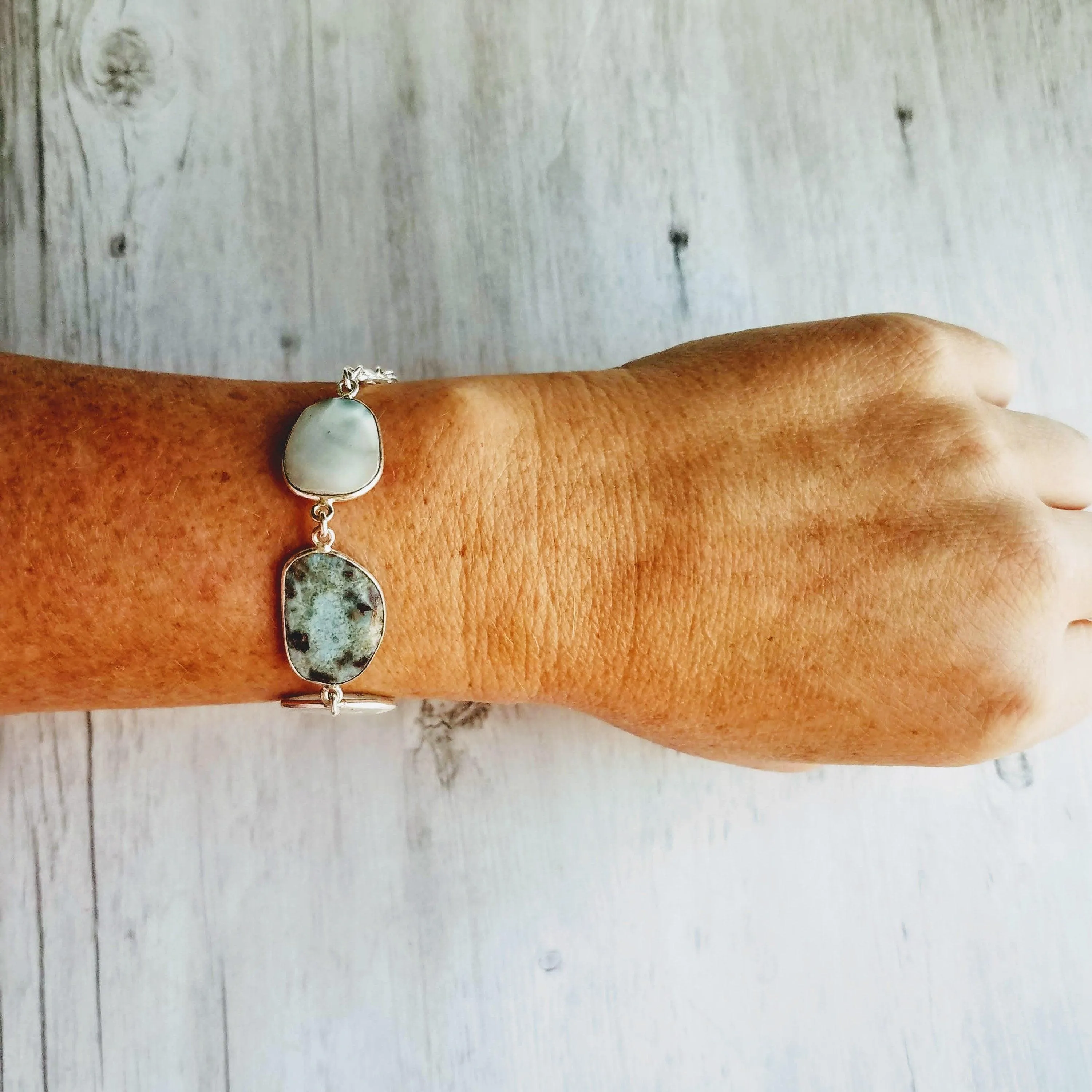 Silver Larimar Stone Bracelet, pale blue gemstone, mottled stone bracelet, light blue stone bracelet larimar bracelet sky baby blue bracelet