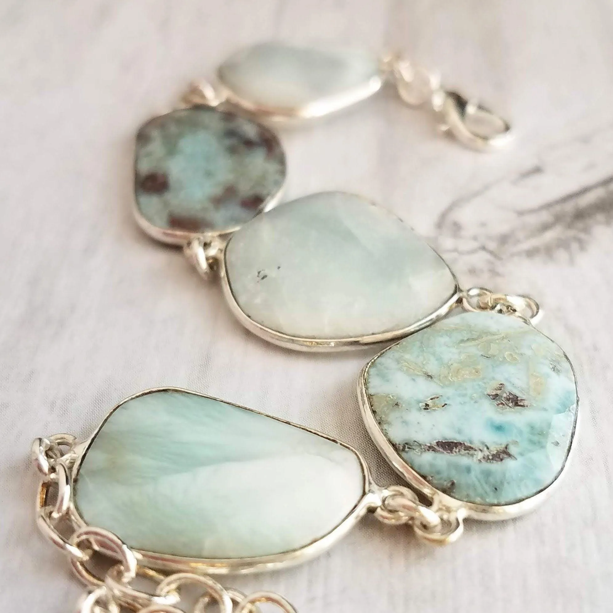 Silver Larimar Stone Bracelet, pale blue gemstone, mottled stone bracelet, light blue stone bracelet larimar bracelet sky baby blue bracelet