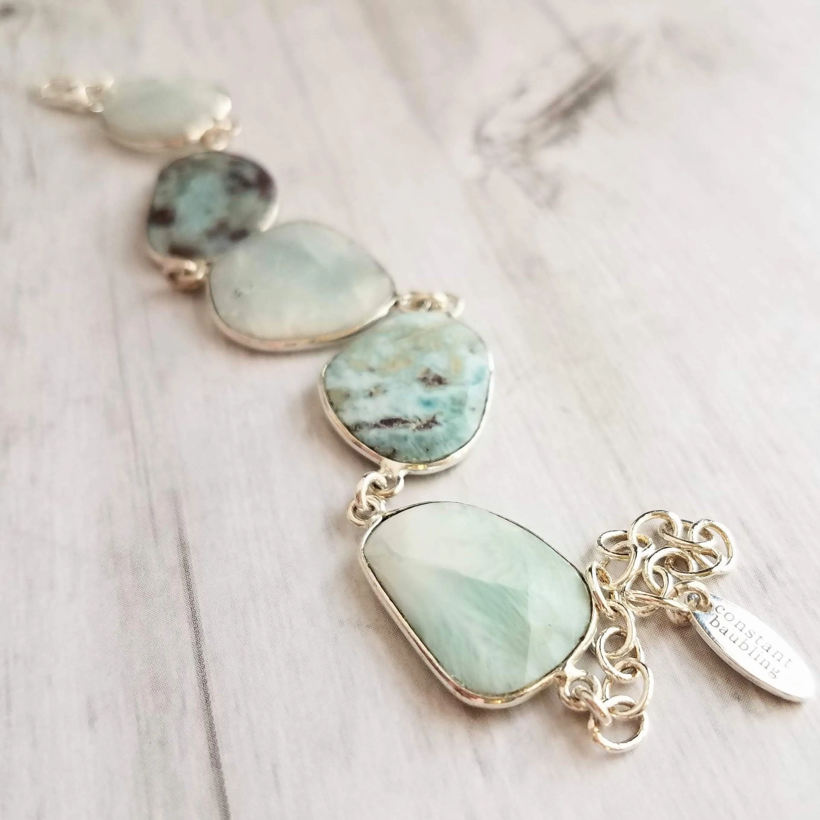 Silver Larimar Stone Bracelet, pale blue gemstone, mottled stone bracelet, light blue stone bracelet larimar bracelet sky baby blue bracelet