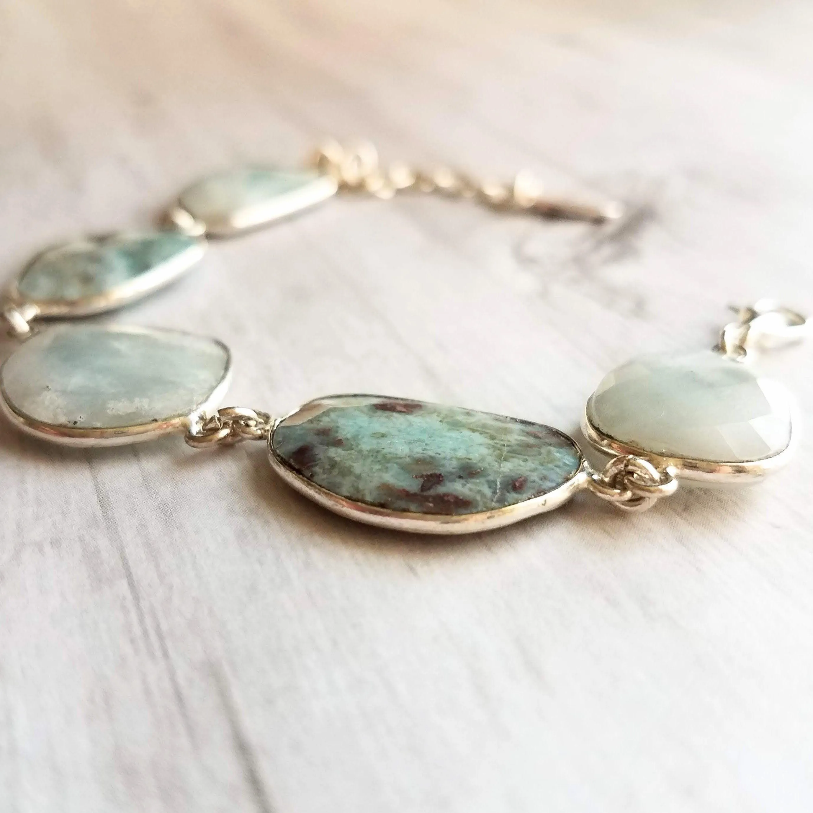 Silver Larimar Stone Bracelet, pale blue gemstone, mottled stone bracelet, light blue stone bracelet larimar bracelet sky baby blue bracelet