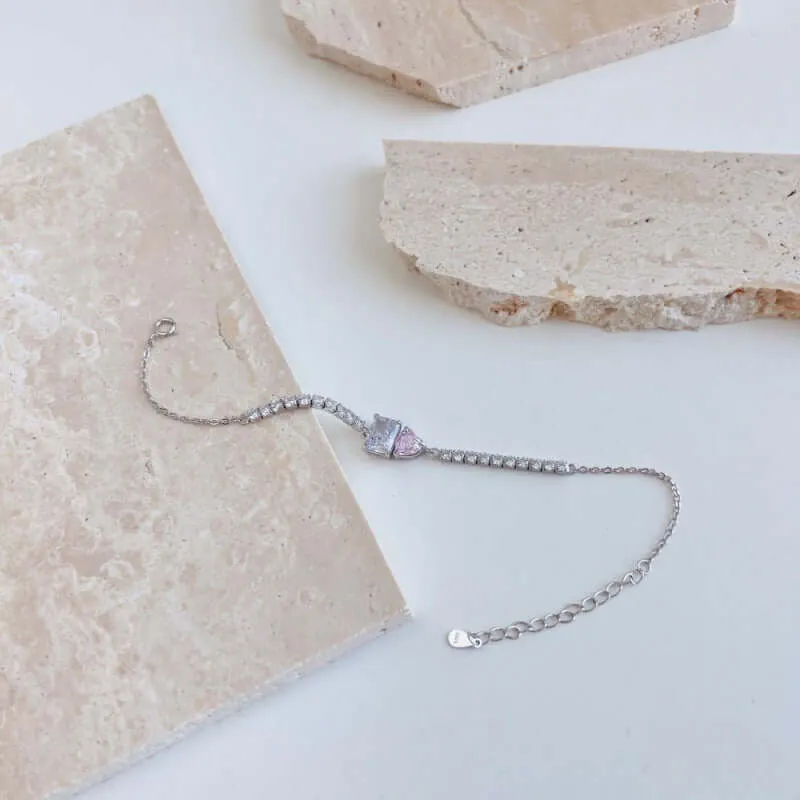 Sparkling Heart Pink Square Diamond Tennis Bracelet