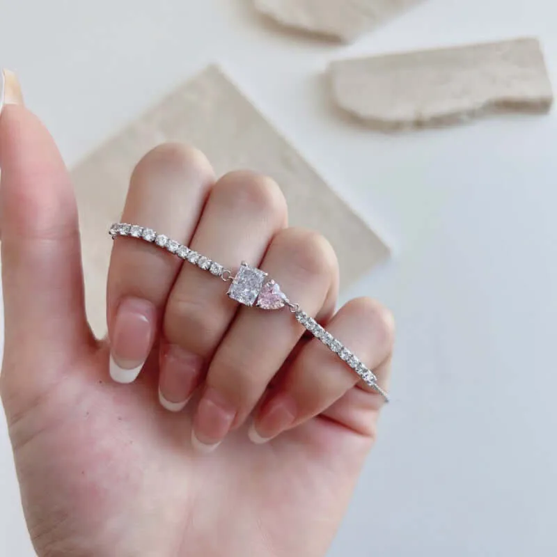 Sparkling Heart Pink Square Diamond Tennis Bracelet