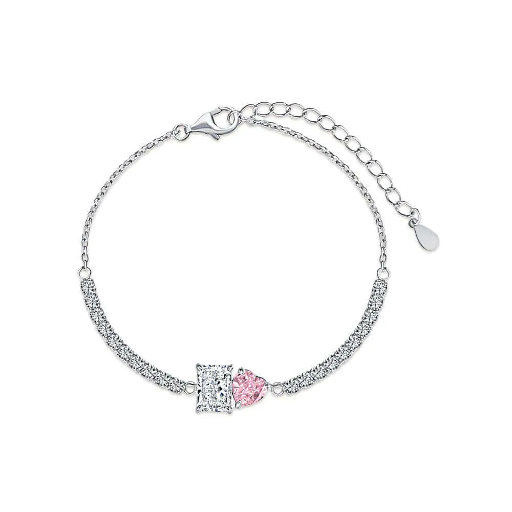 Sparkling Heart Pink Square Diamond Tennis Bracelet