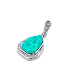 Sterling Silver Elegant Green Lab Opal & Clear CZ Heptagon Pendant