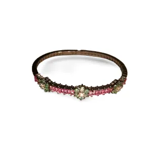 Stunning 18K White Gold Pink Sapphire Diamond Tsavorite Floral Bangle Bracelet